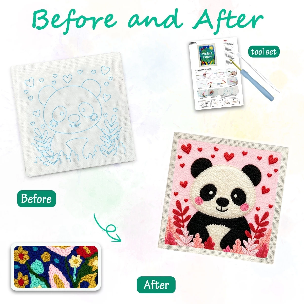 1 Set Love Panda DIY Stickerei-Set für Anfänger, Stick-Starter-Kit, Kreuzstich-Kunstgeschenk, Nadelarbeiten – Detail 2