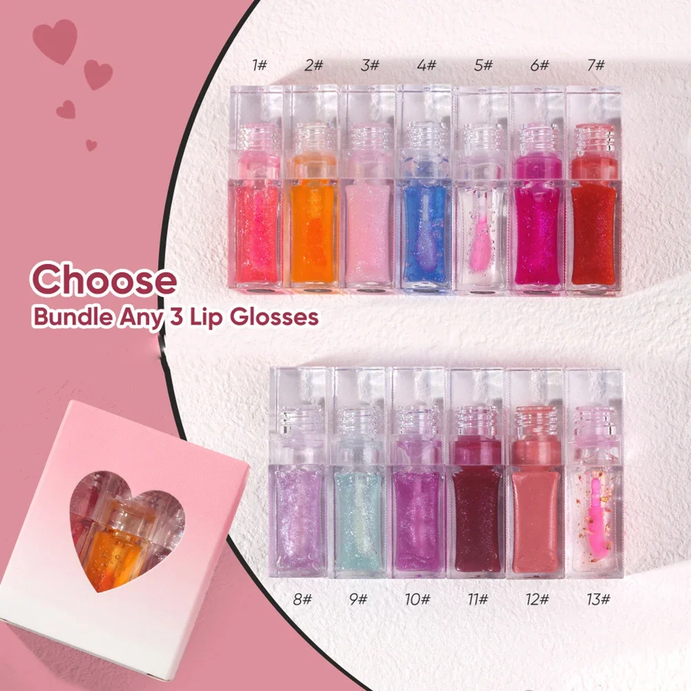 3pcs Lip Oil Kit Custom Logo Transparent Square Tube Pigment Long Lasting Color Change Makeup Private Label Heart-shaped Box