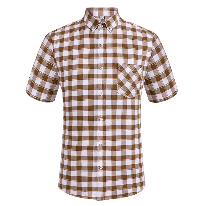 Men Oxford Short Sleeve Summer Plaid Shirts 100% Cotton Breathable  Striped Male Clothes Business Regular Fit Short Shirts