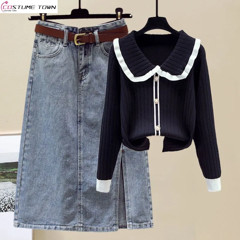 

Women's Set 2024 Spring and Autumn Season New Age Reducing Knitted Sweater High Waist Slim denim skirt two-piece set