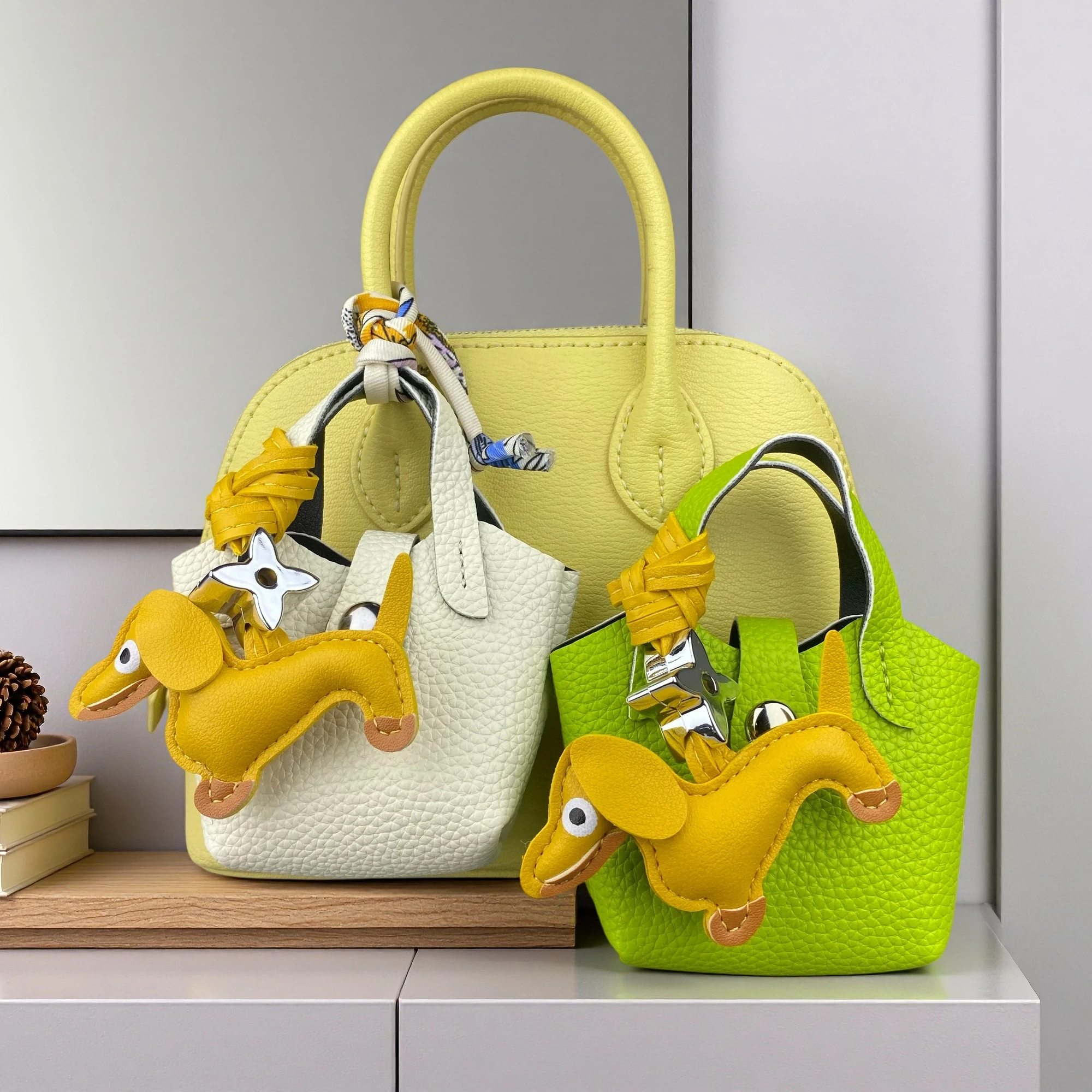 Mini PU Lychee Leather Mini Bag Charm, Earphone Case Coin Purse Jewelry Pouch With Cute Dachshund Dog Charm, Mini Handbag Charm