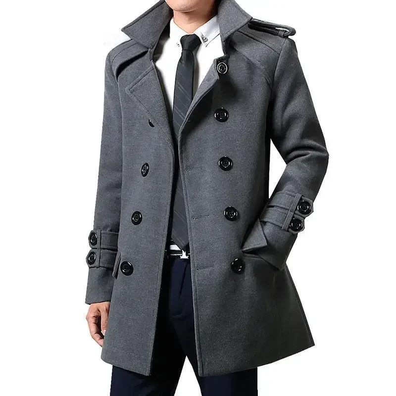 

Autumn Winter New Woolen Double-breasted Trench Men Coat Medium-length Male Slimming Overcoat