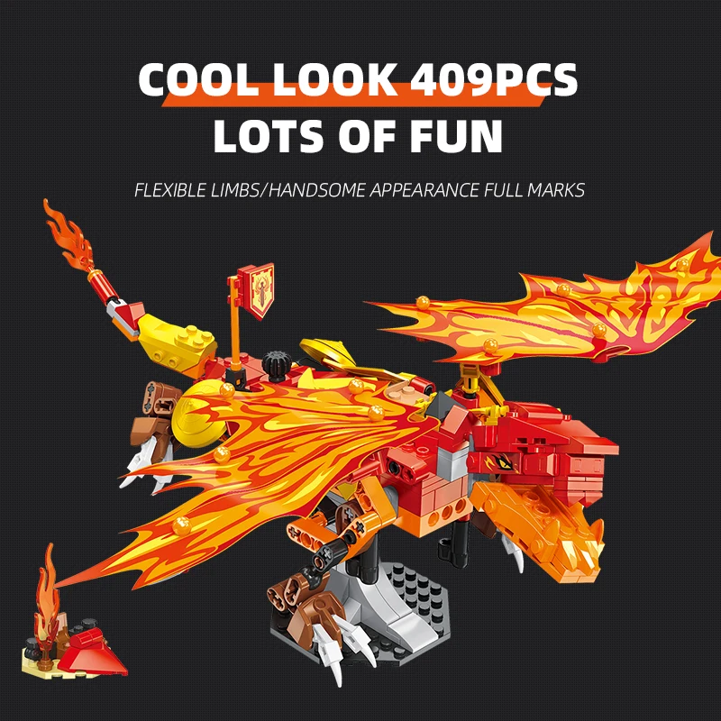 

409PCS Fire Dragon Building Blocks Flying Dragon Animal Model Bricks Creative Desktop Decoration Boy DIY Toys Kids Holiday Gifts