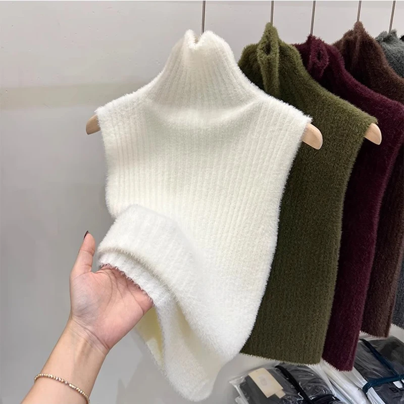 

Korean Fashion Turtleneck Sweater Women Spring Autumn Sleeveless Sexy Knitted Tops Pullovers Jumpers Pull Femme