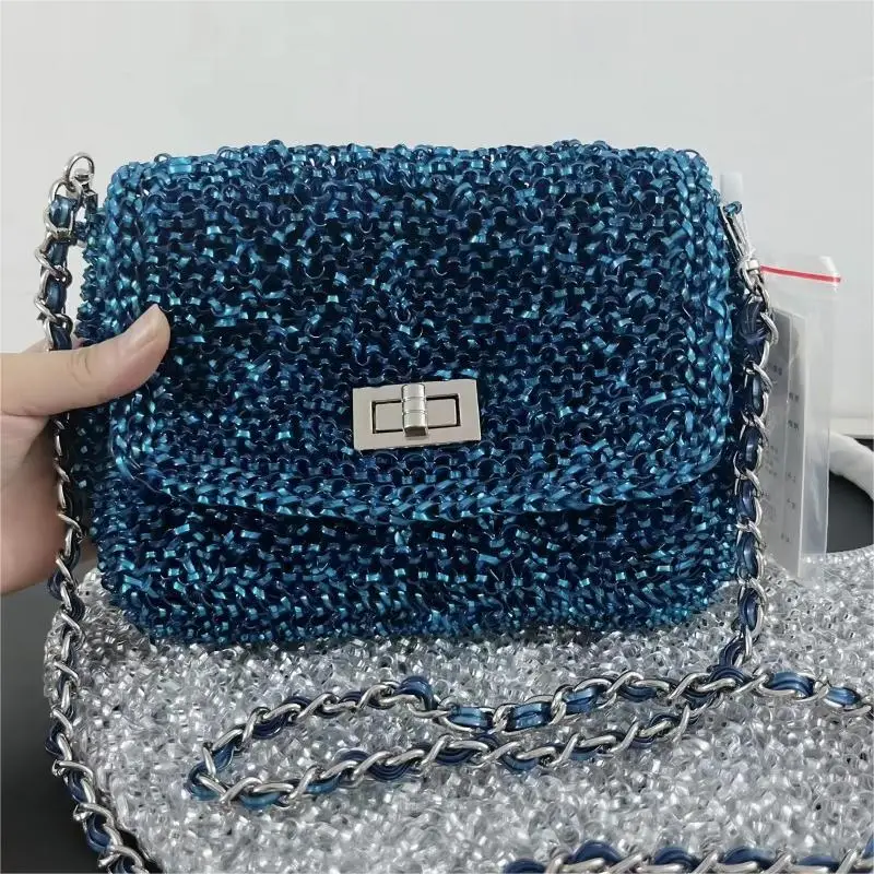 2023 classic candy colored shoulder crossbody bag, women\'s PVC environmentally friendly shiny pure handmade woven bag