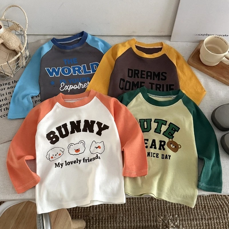 Kids Cartoon Print Long Sleeve T‑Shirt Baby Boys Girls Contrast Color Crew Neck Casual Tops Spring Autumn Children Tees
