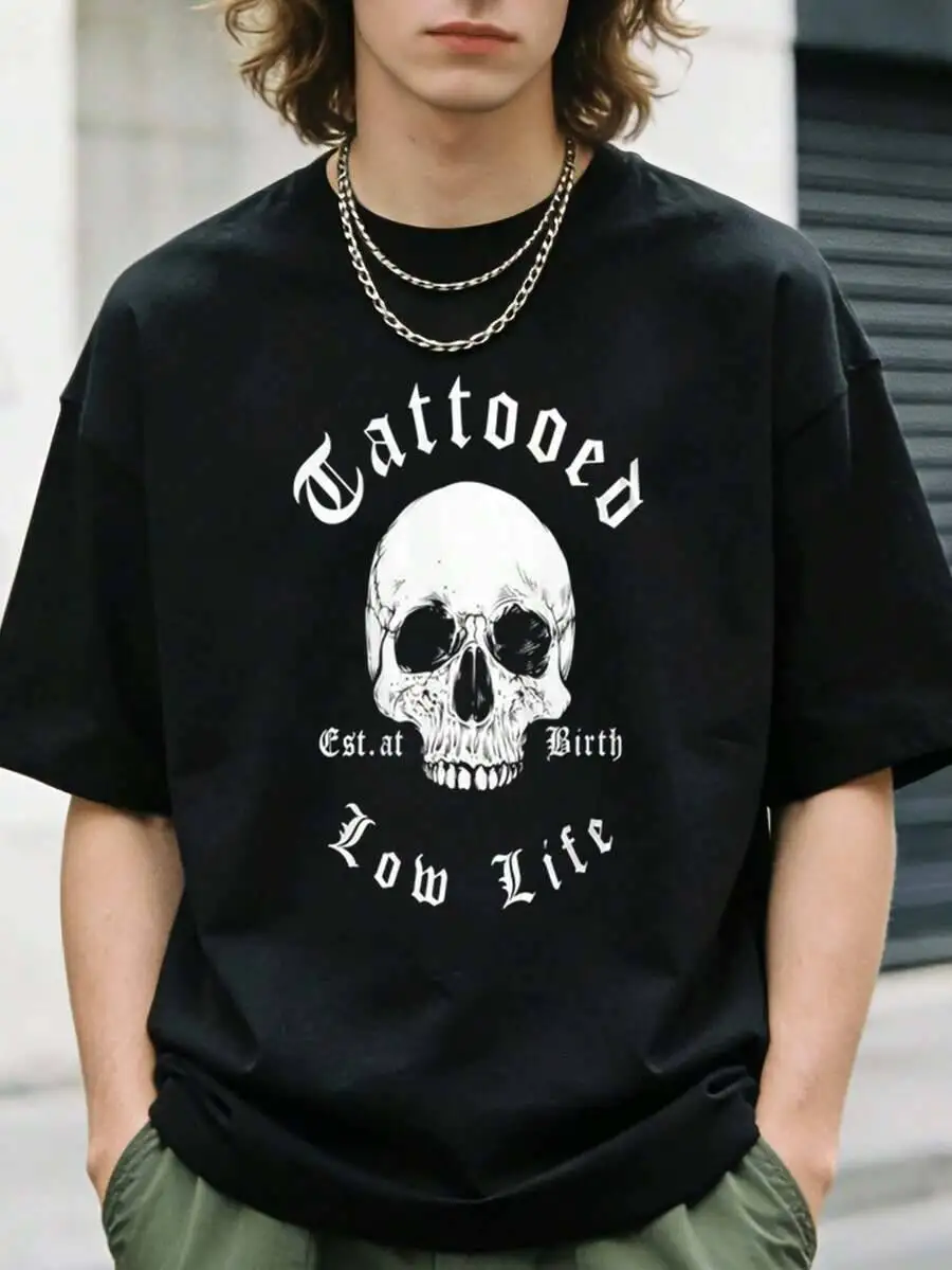 1Pc Halloween Mens Clothes Skull Tattoo Print Black Unisex Crew Neck Tshirt, Plus Size Men's Clothing 5XL, 100% Cotton Trendy