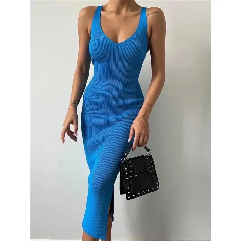 

2024 Summer Elegant Knitted Ribbed Slim Long Dress Women Solid V Neck Sleeveless Split Casual Vacation Commuting Street Robe