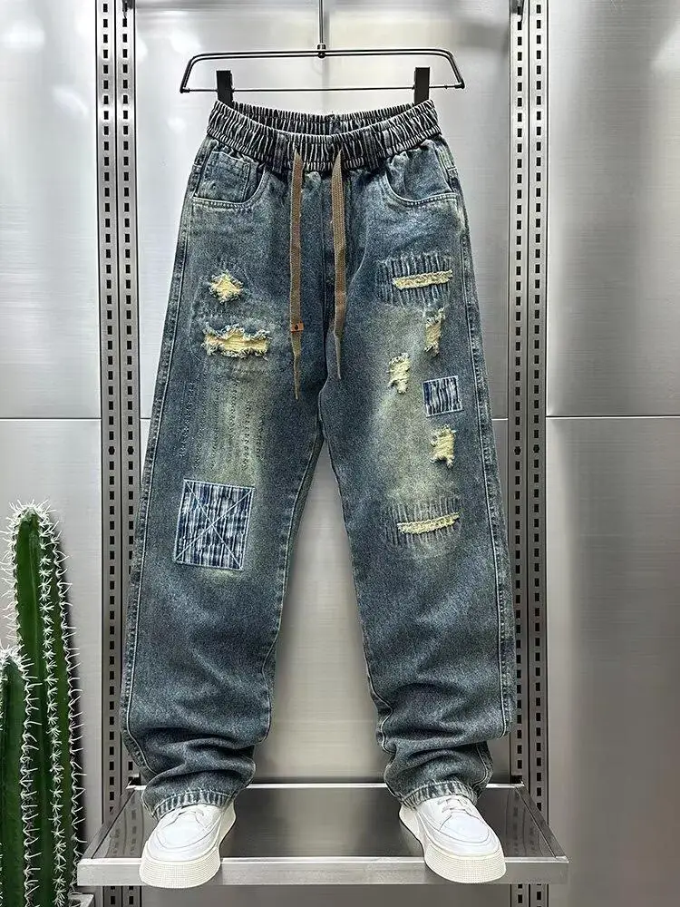

Модные мужские джинсы с американским дизайном, потертые прямые брюки, свободный крой, лоскутные крутые красивые хлопковые джинсы в стиле ретро
