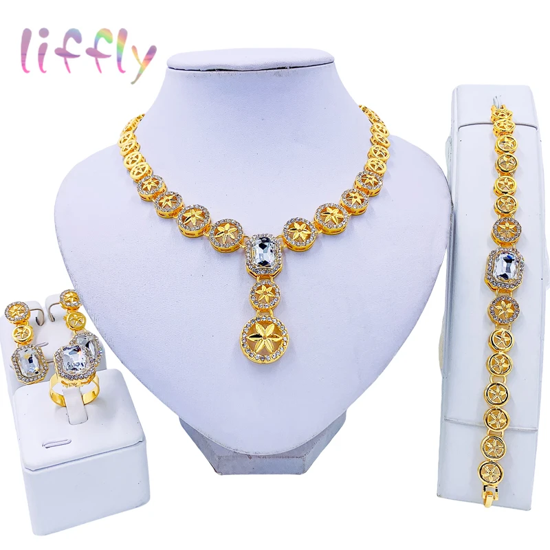 Liffly 2023 Hot Selling White Crystal Pendant Necklace Fashion Jewelry Set Women's Necklace Bracelet Earrings Ring Accessories