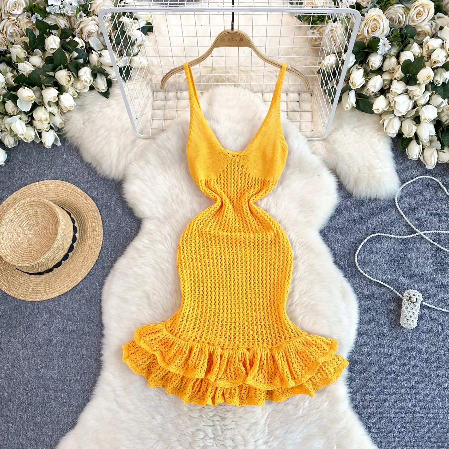 

Sexy V Neck Hollow Out Flounce Dress Chic Elegant Vintage Summer Women Fashion Wrap Knit Dresses