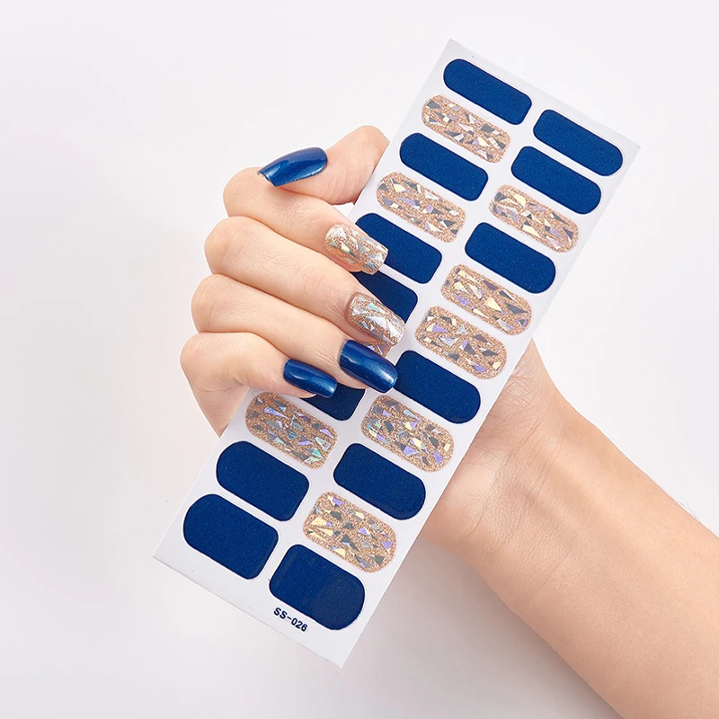 Blauwe Nail Art Zelfklevende Volledige Omslagsticker Manicure Glanzende Pailletten Nagellakstrips Wraps Zelfklevende Accessoires Decoraties