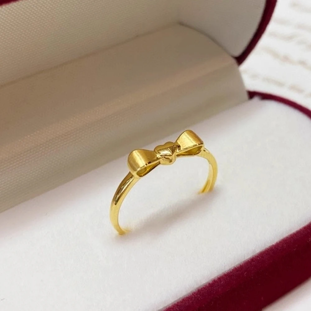 1PCS Pure 999 24K Yellow Gold Band Women Gift Lucky Satin Heart Bowknot Ring 1.8-2g