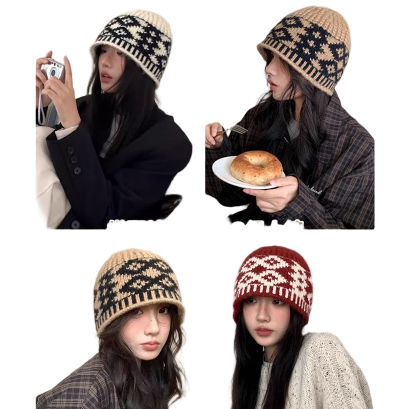 

Осенне-зимняя шерстяная шапка с ромбами, корейская версия, универсальная ветрозащитная теплая шапка, женский головной убор в стиле ретро, холодная шапка