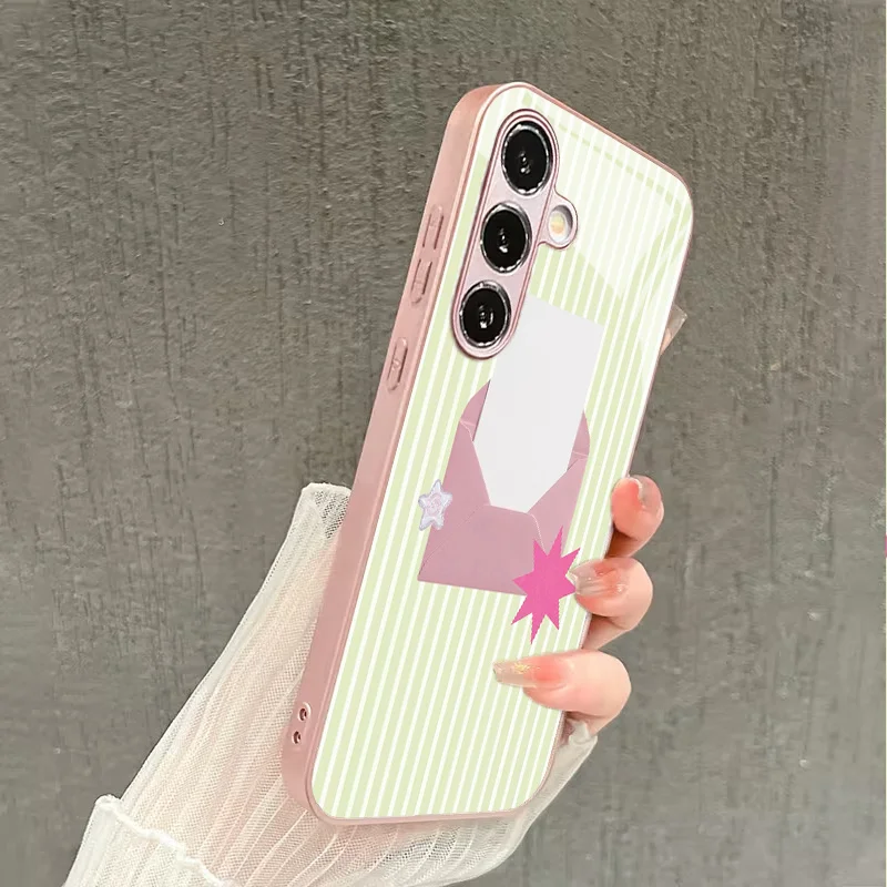Kawaii Scrapbook Envelope Hard Case Compatible with Samsung, Pastel Green Striped Base With Pink Envelope & Star Sticker Pattern