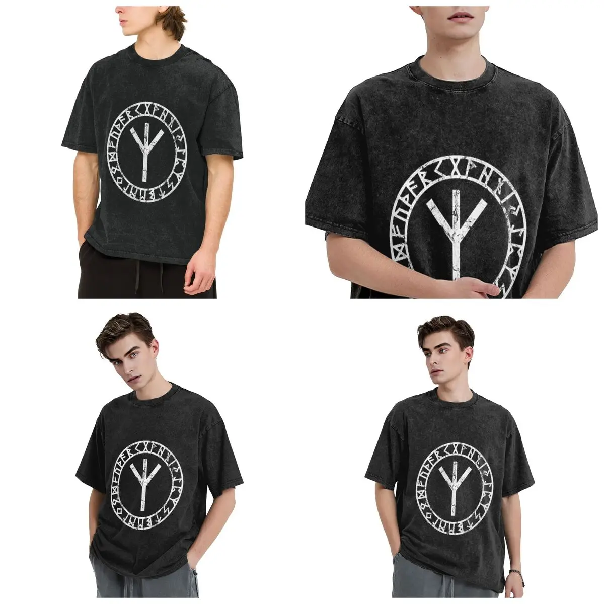 Algiz Runes Amulet Norse Odin Thor Viking Paganism Hip Hop Short Sleeve T-Shirts Washed Tops Tees Streetwear T Shirt Vintage