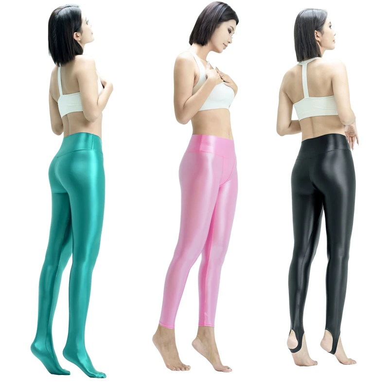 Shiny Glossy Stretch Skinny Leggings V-Crotch Tights Wide Waist Pantyhose Elastic Breathable fitness Yoga Sports Jeggings pants