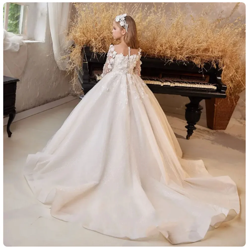 Luxo 3D White Flower Girl Dress, elegante vestido de princesa para crianças, festa de aniversário para casamento, primeira comunhão