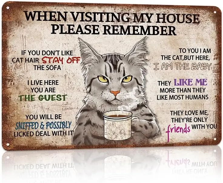 Vintage Cat Metal Tin Signs Retro Aluminium Wall Decor - when visiting my house please remember sign
