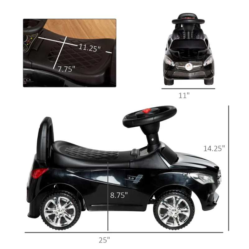 어린이용 푸시카 탑승, 발에서 바닥까지 걷는 슬라이딩 장난감 자동차, 작업용 경적, 음악, 헤드라이트 및 보관함 포함, 검정색