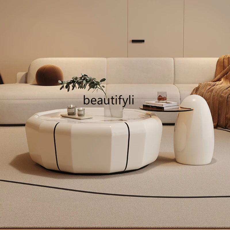 Italian Style Light Luxury Cream Style Polygon High-End Stone Plate Coffee Table Combination Small Apartment