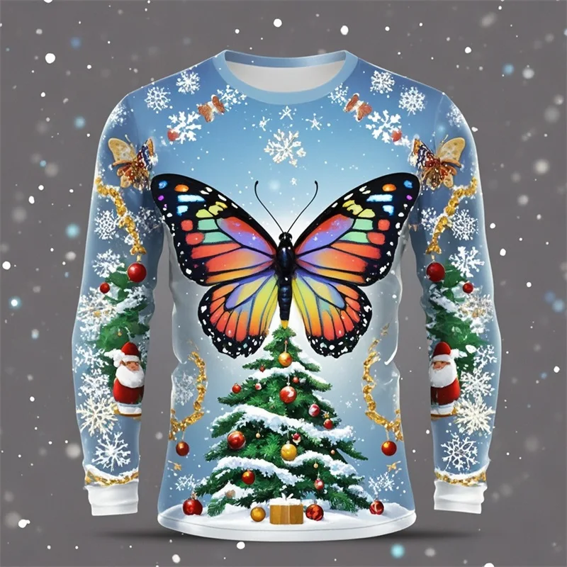 Mens Long Sleeve T Shirt Full Print Christmas Trees Butterfly Pattern Oversized Tshirts Clothes For Men Women Ropa Hombre