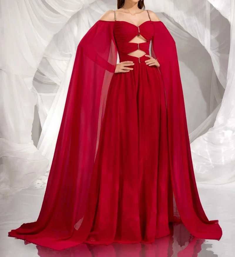 

Women's Spaghetti Off-the-Shoulder Shawl Prom Dress, A-Line Evening Gown, Hollow Out Pleated Party Dress, Customized Chic