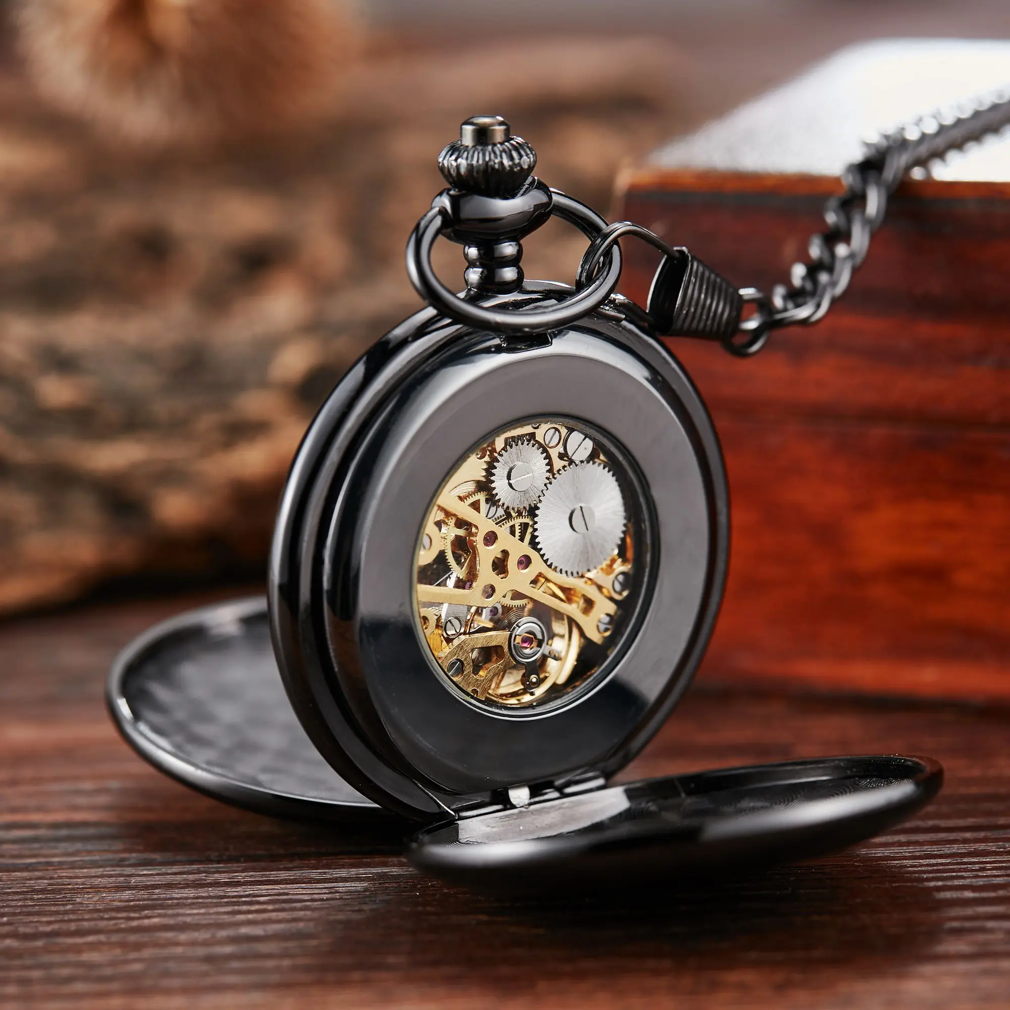 Reloj de bolsillo mecánico negro de lujo para hombre y mujer, esfera con números romanos Vintage lisos, cadena Fob, reloj colgante para colección