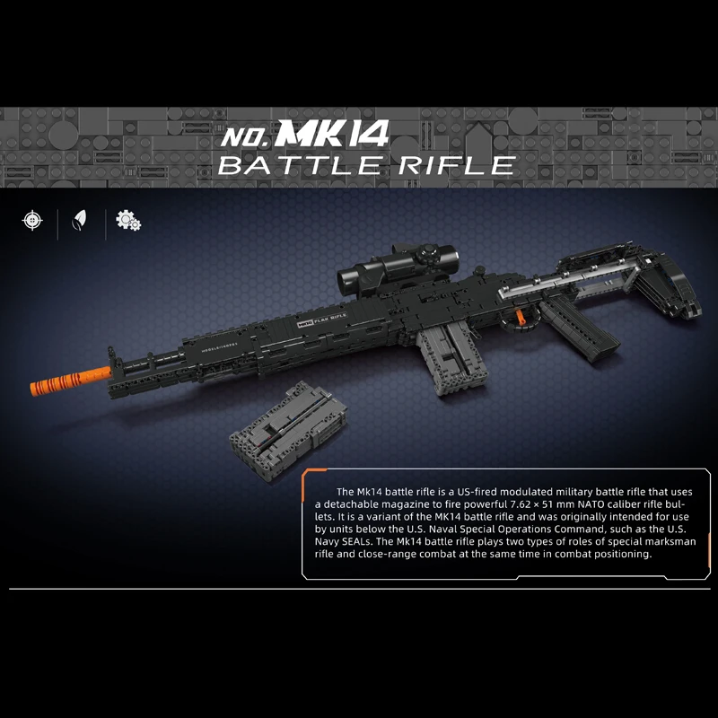 MOULD KING-Rifle de batalla MK14 para niños, modelo de pistola de simulación, bloques de construcción, arma militar, juego de juguetes, regalos, 14026