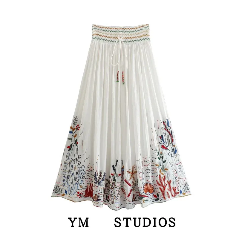 Fashionable Mid-Waist Elastic Waist Cotton Embroidered Midi Skirt Design Women's Maxi Skirt Street Style High Waist A-Line Skirt