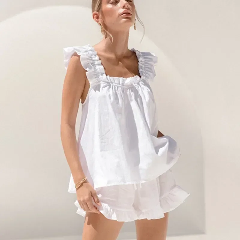 

Женский летний комплект из двух предметов из однотонного хлопка и льна с рюшами, без рукавов, с квадратным воротником, майка, шорты, повседневные пижамные комплекты для девочек