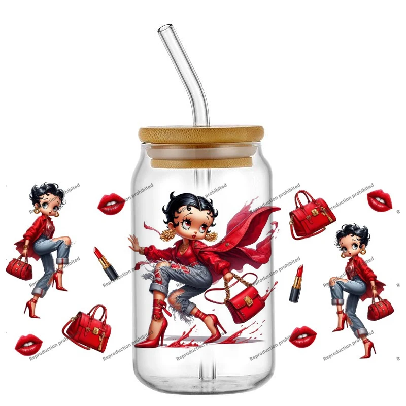 Modern Fashion Girl Themed 3D Waterproof Libbey Glass Can Decal Red Aesthetic Cartoon UV DTF Cup Transfer Sticker DIY Wrap Decal view 5