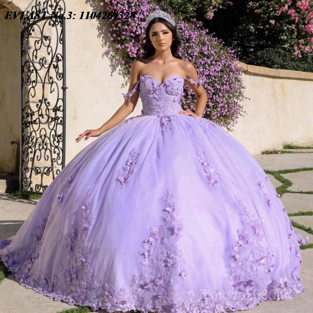 

EVLAST Customized Lilac Quinceanera Dress Ball Gown Shiny Lace Applique Beaded Mexico Corset Sweet 16 Vestidos De 15 Anos E3Q81