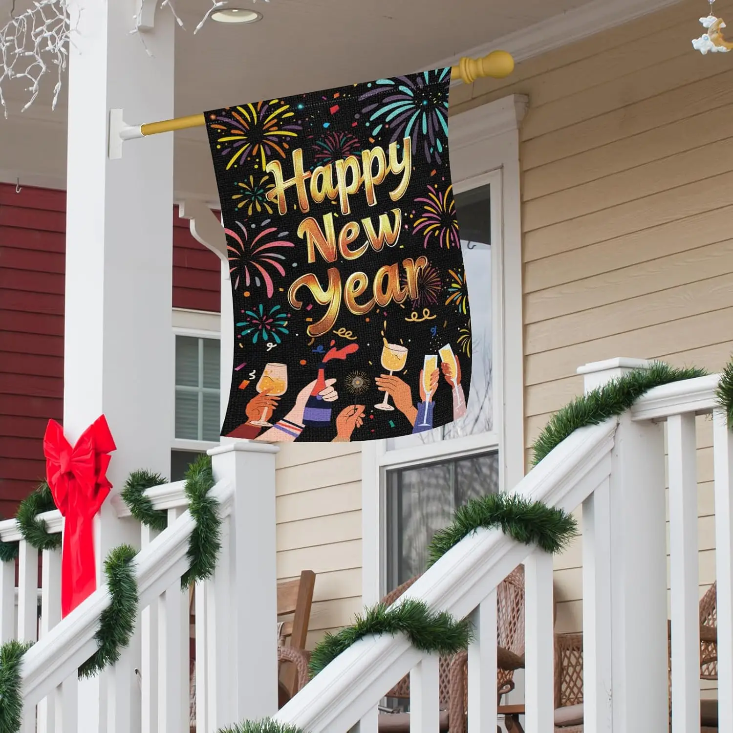 Heyfibro Happy New Year Garden Flag 28x40 Inch Double Sided Burlap Firework Champagne Cheers Celebration Banner for Christma GGX