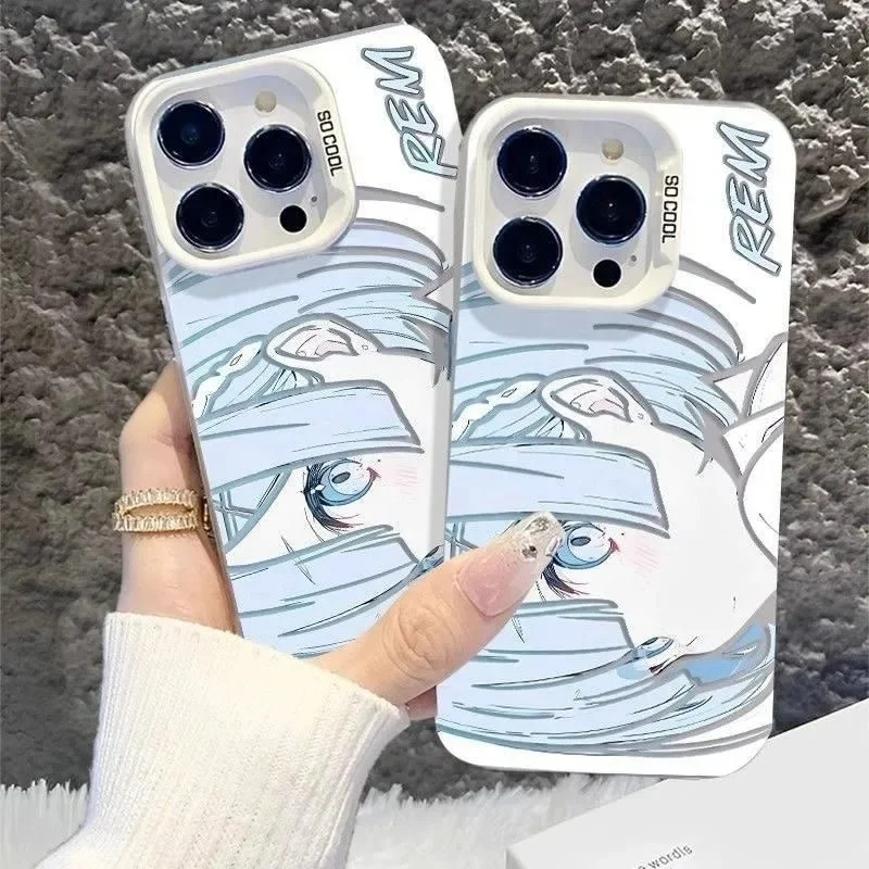 

Anime Blue Short Hair Girl Rem Silver Color Sketch Hard Shell Case for iPhone 17 16 15 14 13 12 11 Pro Max Plus Protection cover