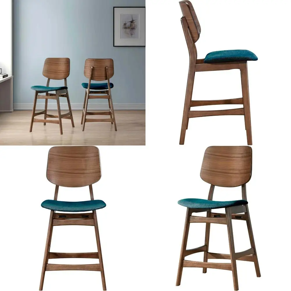 Teal Cushioned Wood Counter Chairs Set of 2, Walnut Finish, Classic Style Dining Furniture