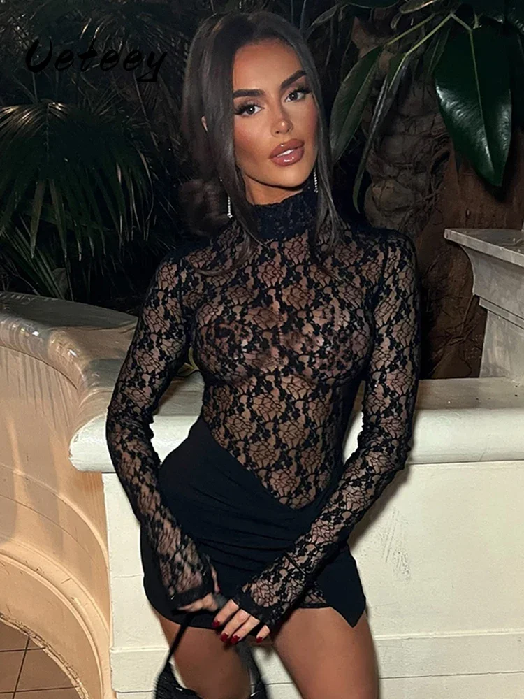 

Ueteey Sexy See Through 2 Piece Set Women Turtleneck Jacquard Patchwork Dress+Cross Knot Ruched Slits Skirts Hipster Suits