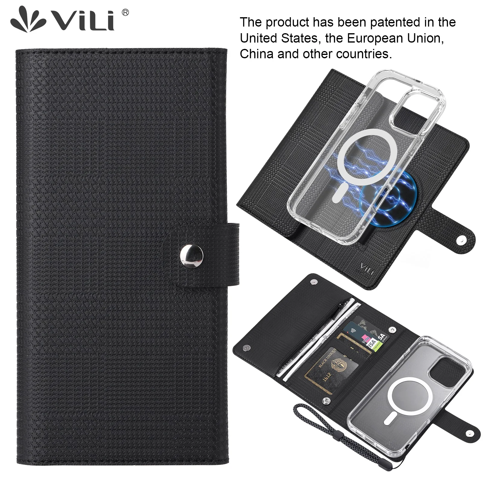 Removable Leather Wallet Card Holder Magnetic Wireless Charging Case For Magsafe iPhone 16 15 14 13 Pro Max Galaxy S24 + Ultra