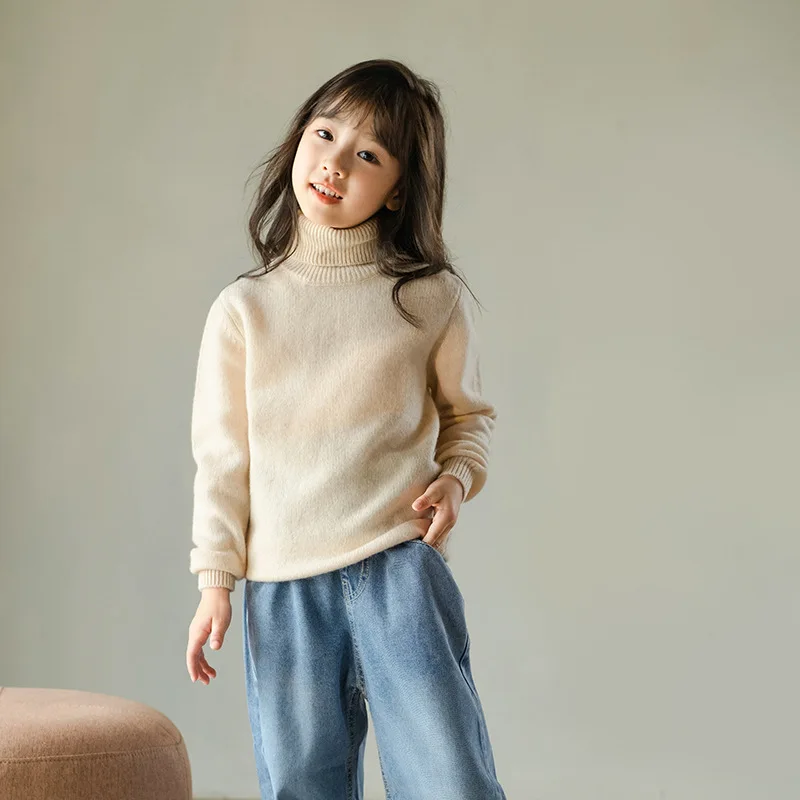 Children thickened wool knitting sweater turtleneck pullover Sweater Girl leisure time Solid color long sleeved Cashmere sweater