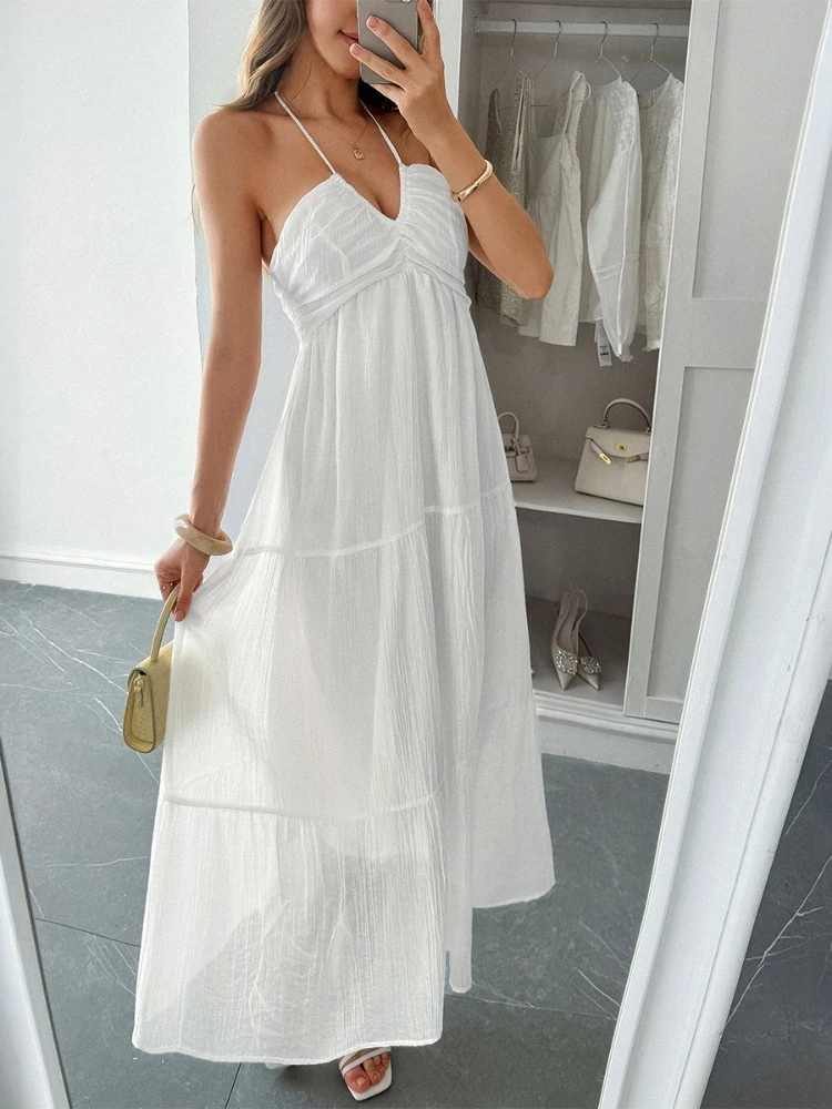 فستان طويل فساتين نسائية رسن شاطئ A Line Vestidos رقبة على شكل V بدون أكمام أنيق لصق Y2k ملابس الشارع الشهير صيف سادة 2025