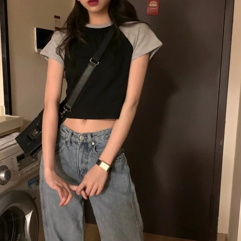 New Student Girl High-waist Cropped Top Women Summer Color-block T-shirt Casual Sports T-shirt Lady Outerwear Basic Short-sleeve