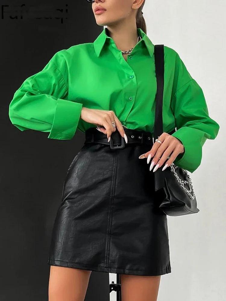 Women\'s Shirt Beautiful Cotton Oversized Candy Colors Shirts & Blouses Long SleevesSolid Green Blouses for Women Fashion 2024