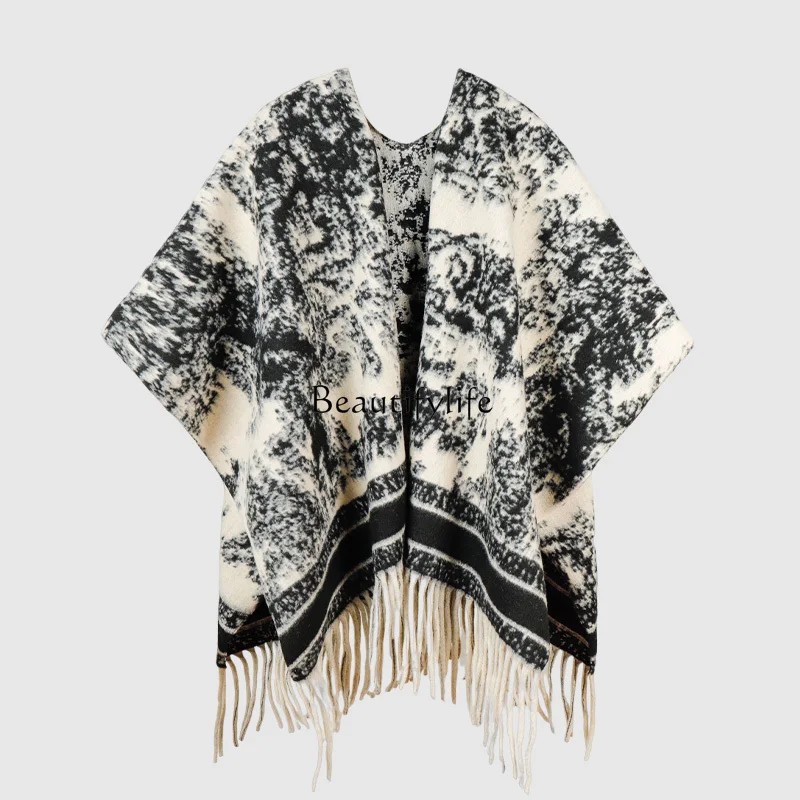 

Retro pattern ink painting imitation cashmere shawl autumn and winter versatile scarf thickened fringed cape