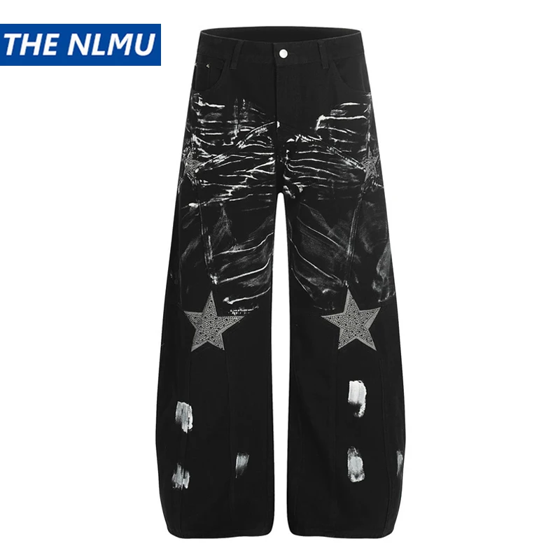 Streetwear Vintage Baggy Curved Jeans Men Heavyweight Paint Splatter Graffiti Wide Leg Denim Pants Niche Design Trousers