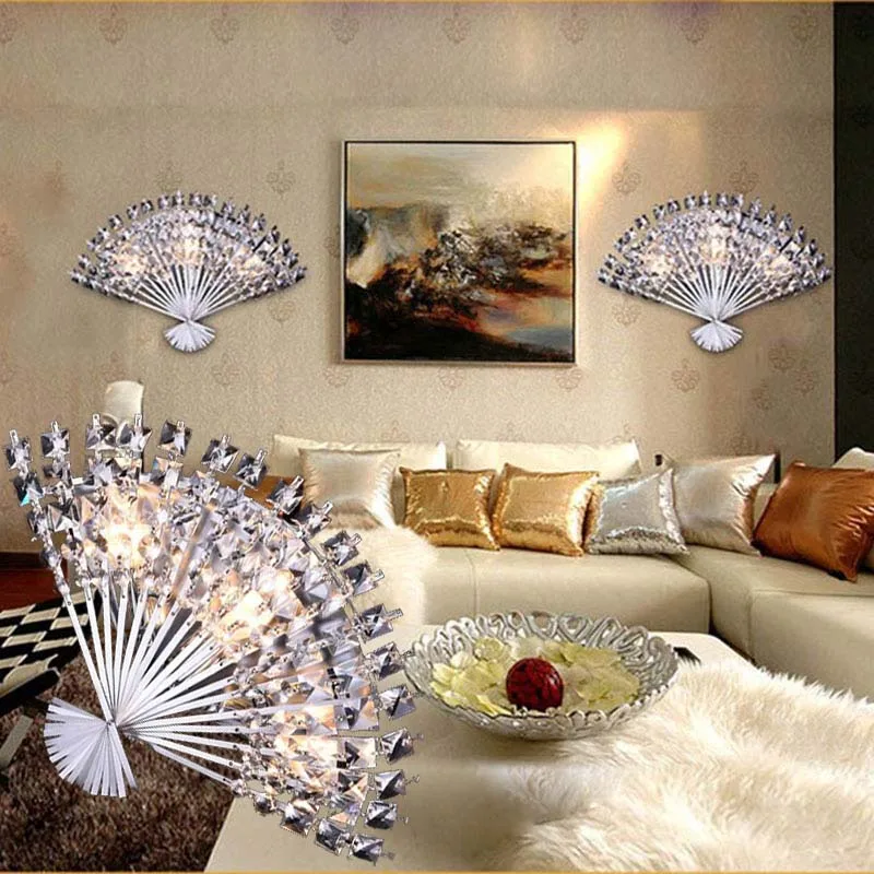 Fan Shaped Crystal LED Wall Lights European Funky Fan Shaped Stainless Steel Bedside Lamps LED Wall Lamp For Bedroom Night Light