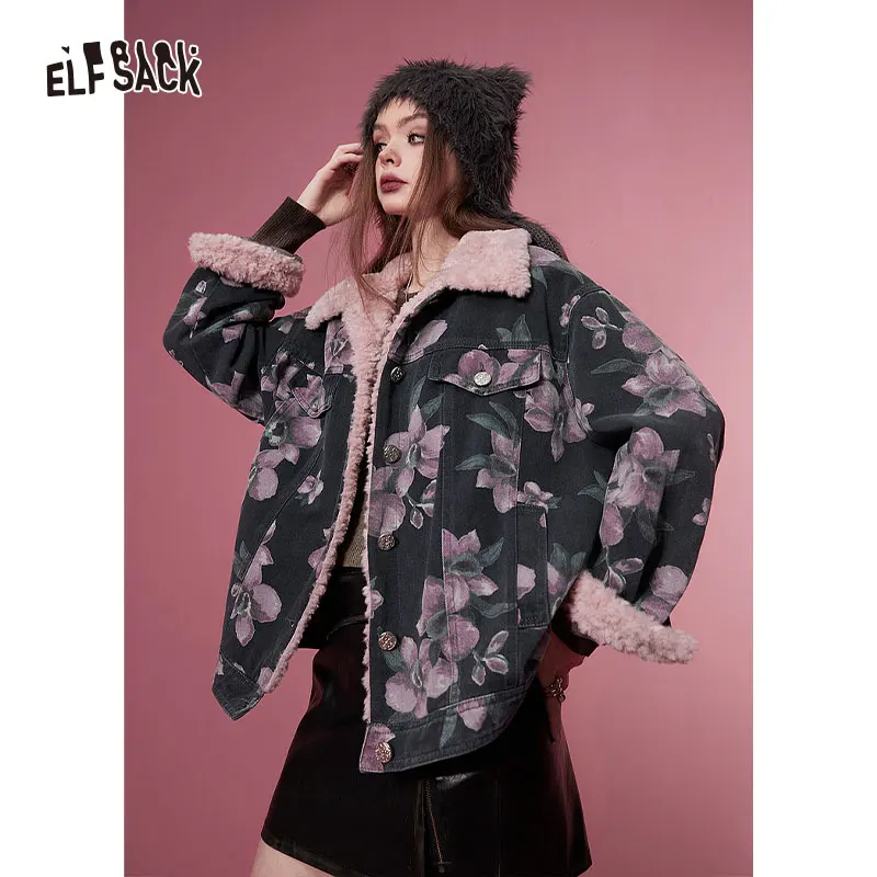 ELFSACK Denim Cotton Coats Women 2023 Winter New Korean Fashion Luxury Designer Jackets