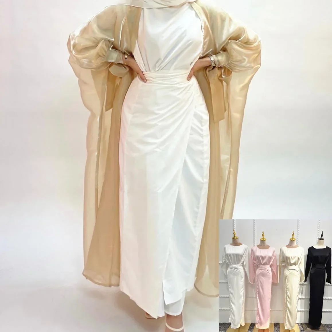 Branco de seda cetim abaya vestido interno com saia envoltório árabe longo vestidos muçulmanos para mulheres dubai turquia islam modesto outfit