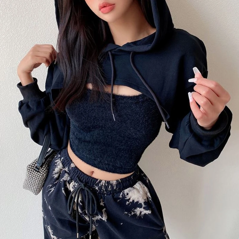 Womens Long Sleeve Loose Super Crop Top Harajuku Hip-Hop Dance Solid Color Basic Sexy Cutout Cropped Hoodie Sweatshirt DropShip