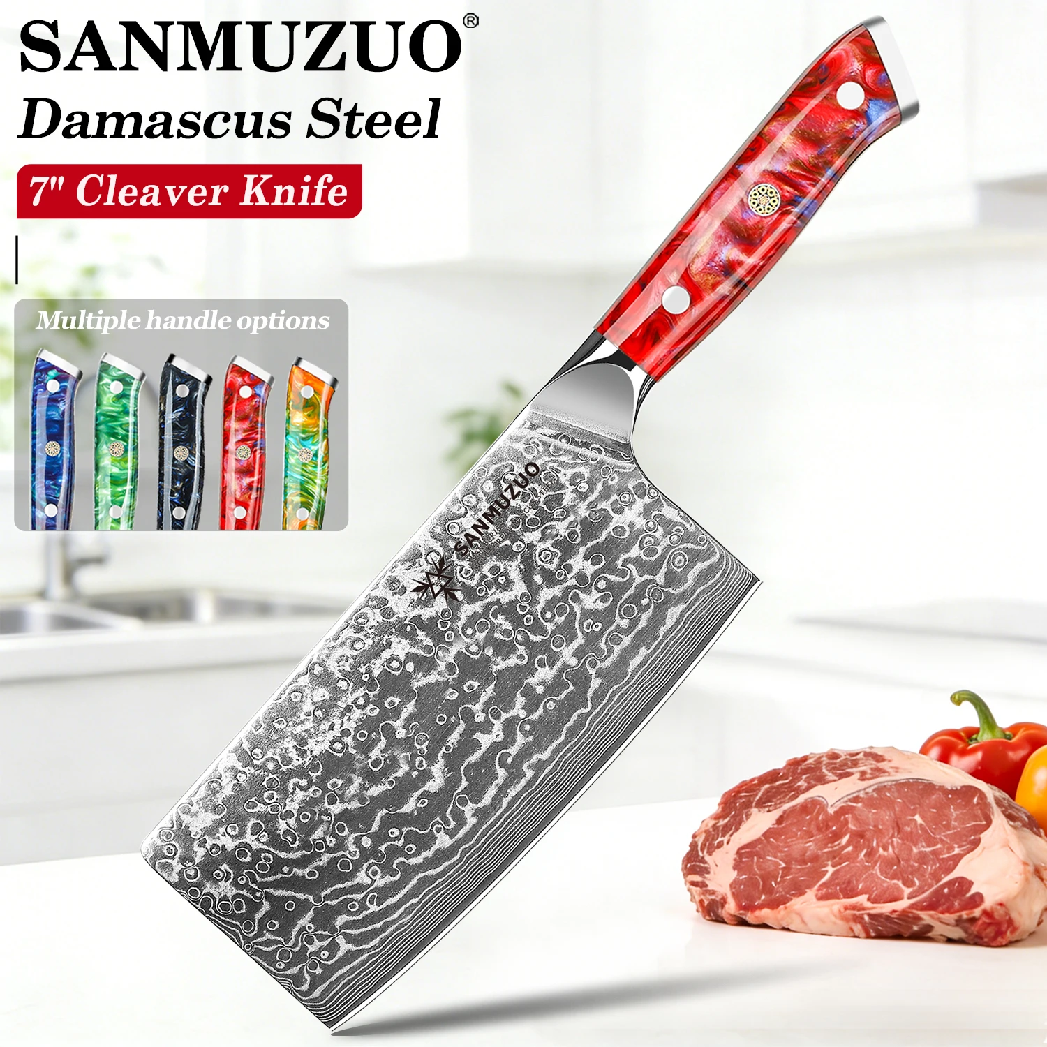 

XUAN Series 7" Chinese Chef Knife-Damascus Steel Cleaver Knife with Resin Handle-Multipurpose Kitchen for Meat Vegetable Cutting