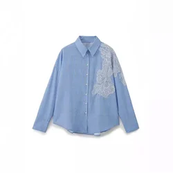 Striped Shirt Women Tops Embroidery Lace Long Sleeve Blouse 2024 Fashion Button Up Shirt Female Blouse Blue Chic Tops